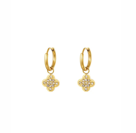 Small Clover Covered With Zirconia Stones Dangle Earrings Gold - Lavina