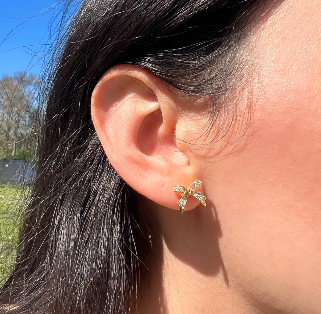 Gold zirconia shiny small bow stud earrings with stones - Lavina Jewelz