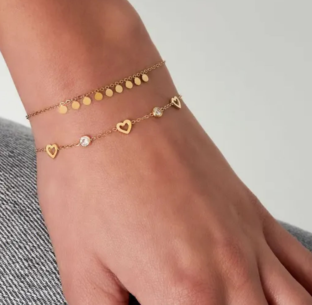 Gold shiny heart charms bracelet with zirconia stones - Lavina