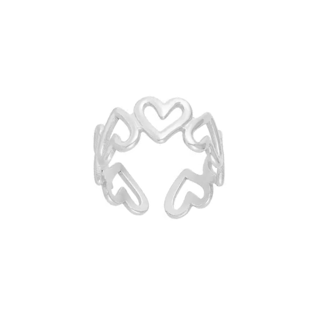 Silver connected open outlined hearts ring - Lavina
