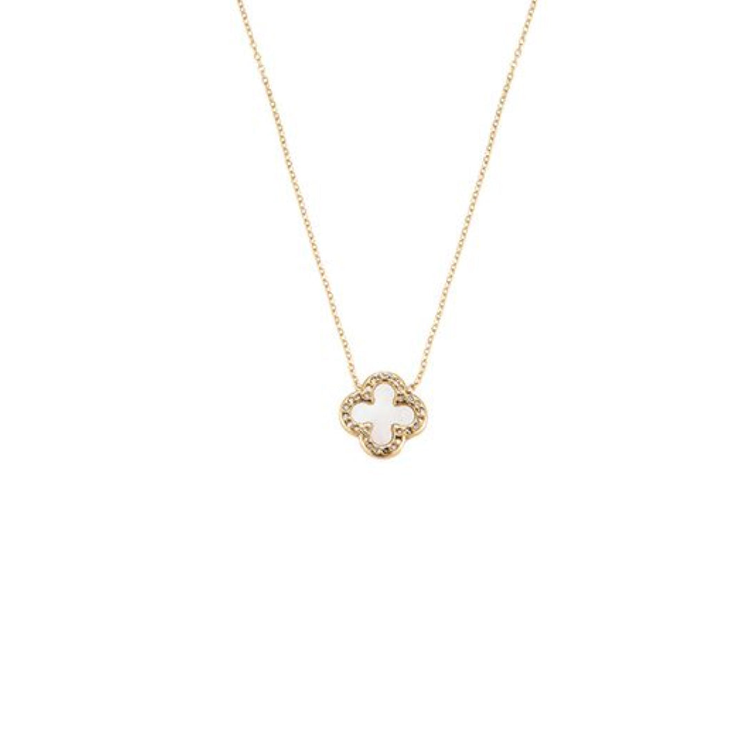 White clover charm pendant gold necklace with zirconia stones - Lavina