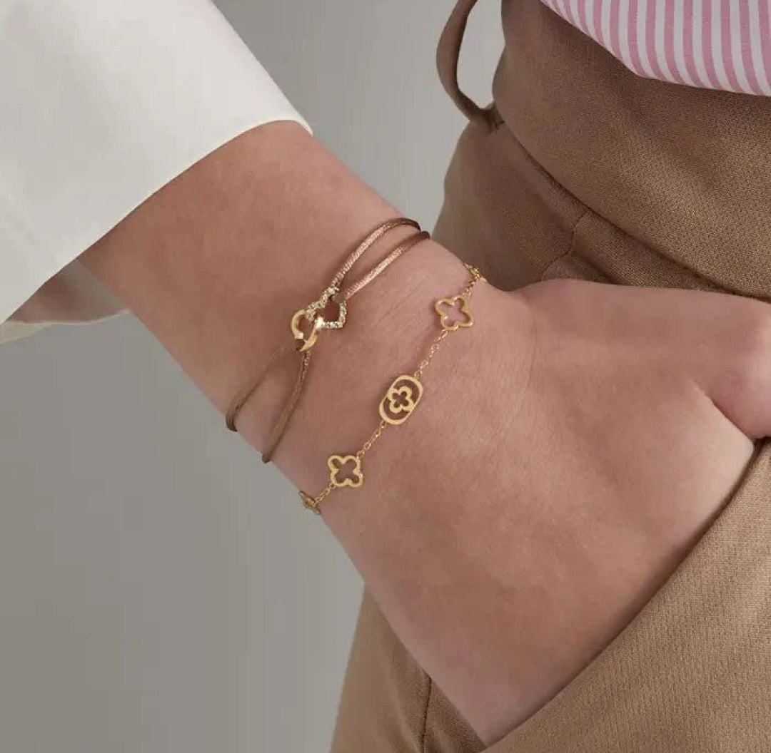 Gold Locked Zirconia Hearts Love Camel Beige Cord Rope Bracelet - Lavina