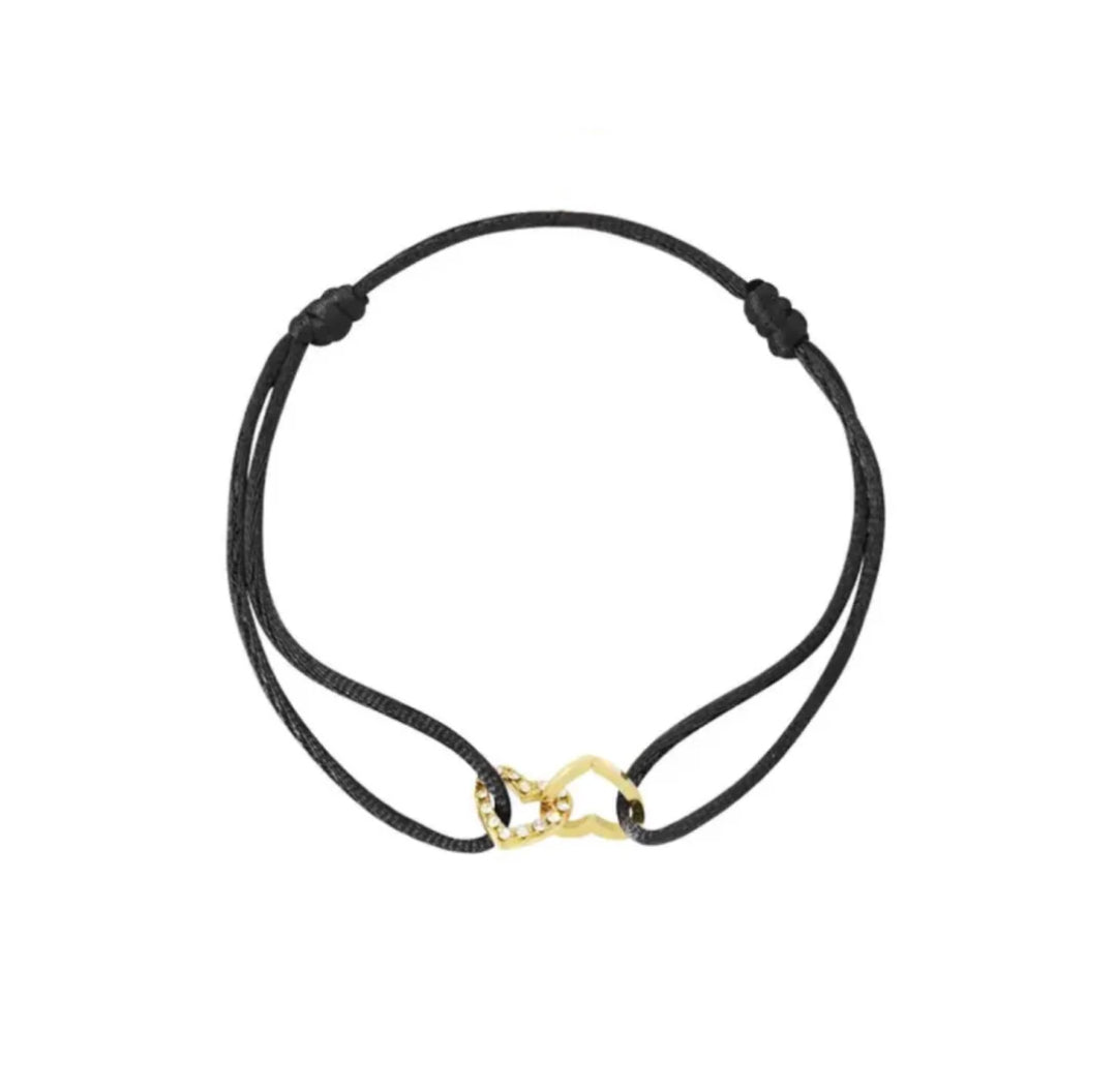 Gold Locked Zirconia Hearts Love Black Cord Rope Bracelet - Lavina