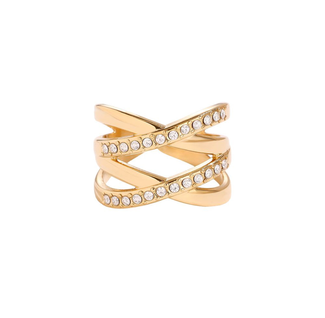 Double x crossed ring with zirconia stones gold chunky elegant - Lavina Jewelz