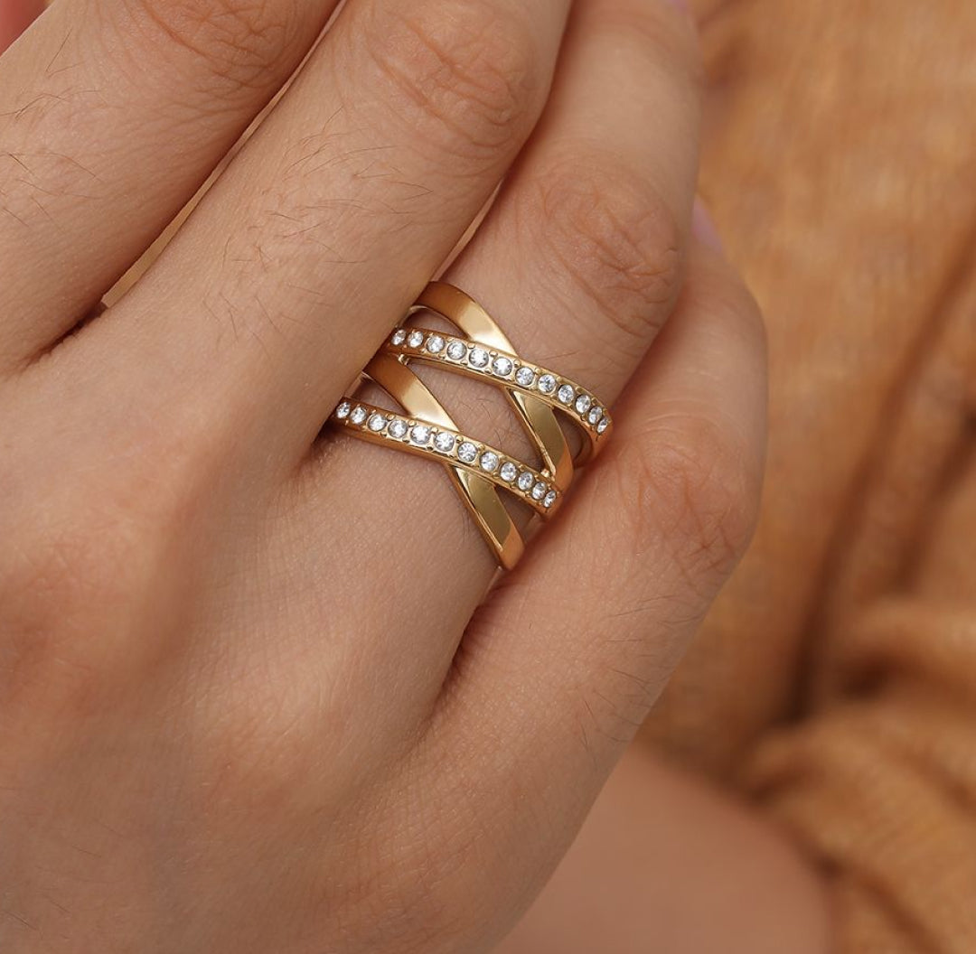 Double x crossed ring with zirconia stones gold chunky elegant - Lavina Jewelz