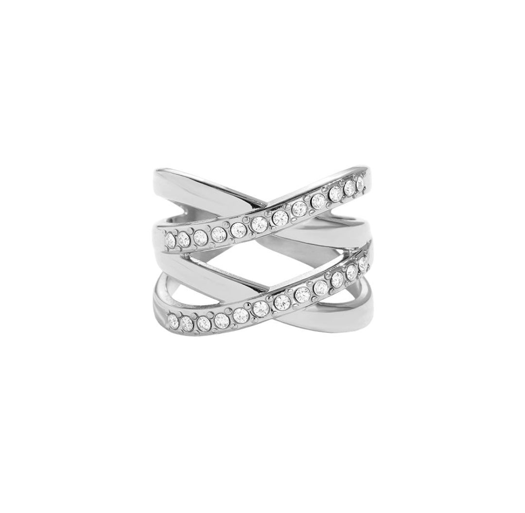 Double x crossed ring with zirconia stones silver chunky elegant - Lavina Jewelz