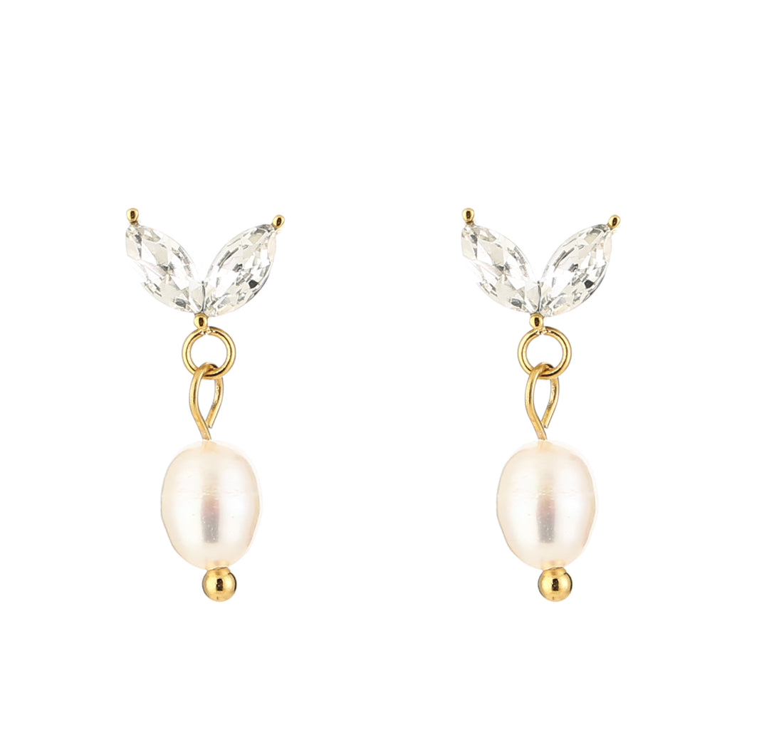 Pearl zirconia leaves gold earrings - Lavina Jewelz