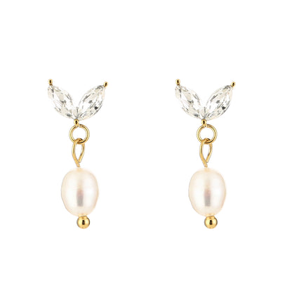 Pearl zirconia leaves gold earrings - Lavina Jewelz