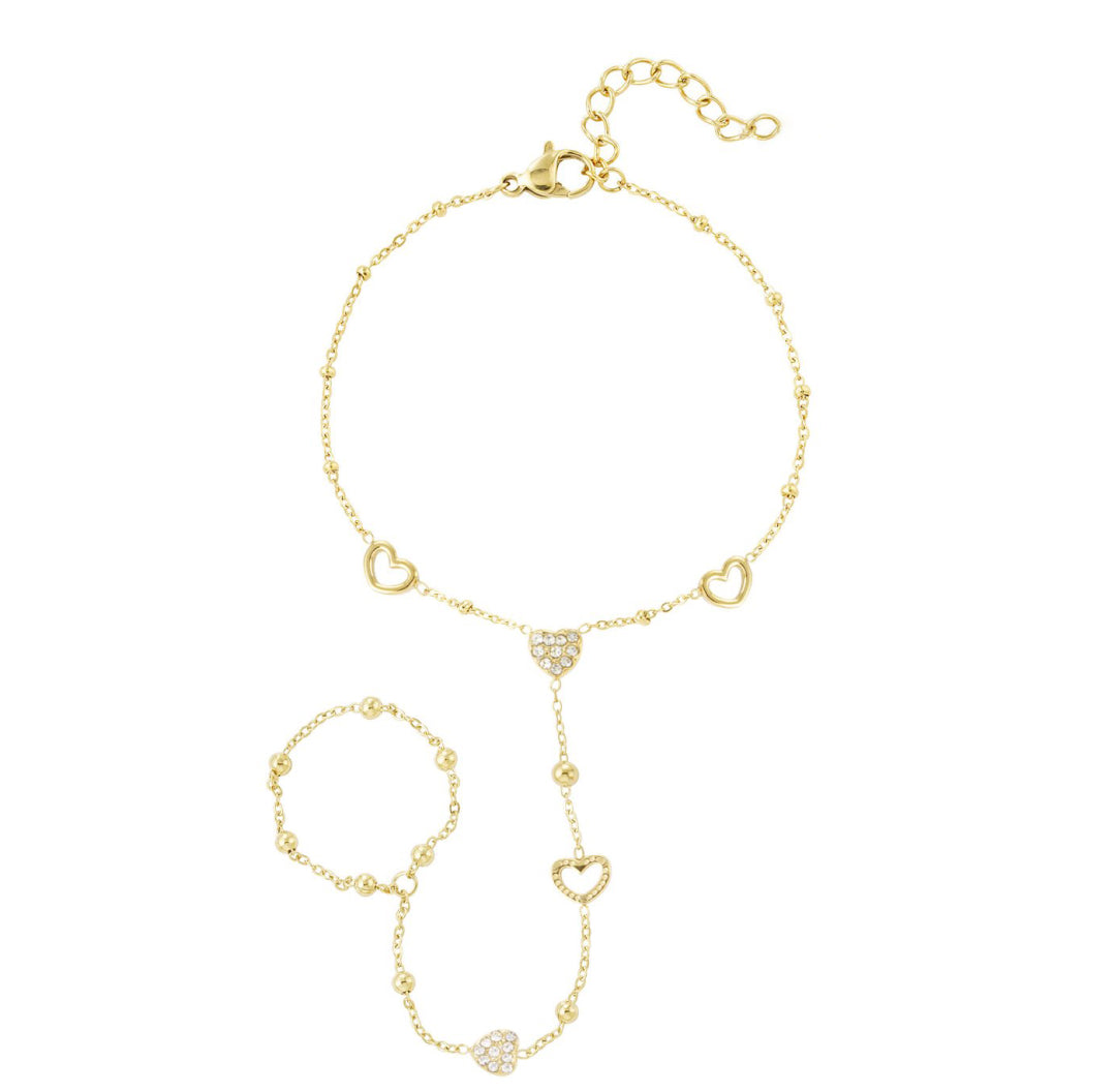 Gold heart handchain with zirconia heartcharms - Lavina Jewelz