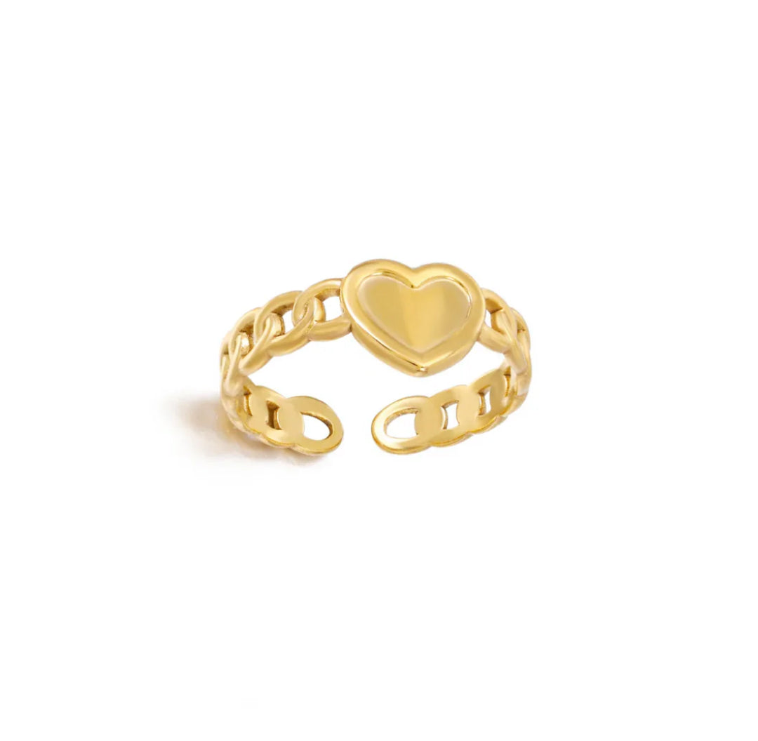 Gold heart charm ring with chain - Lavina