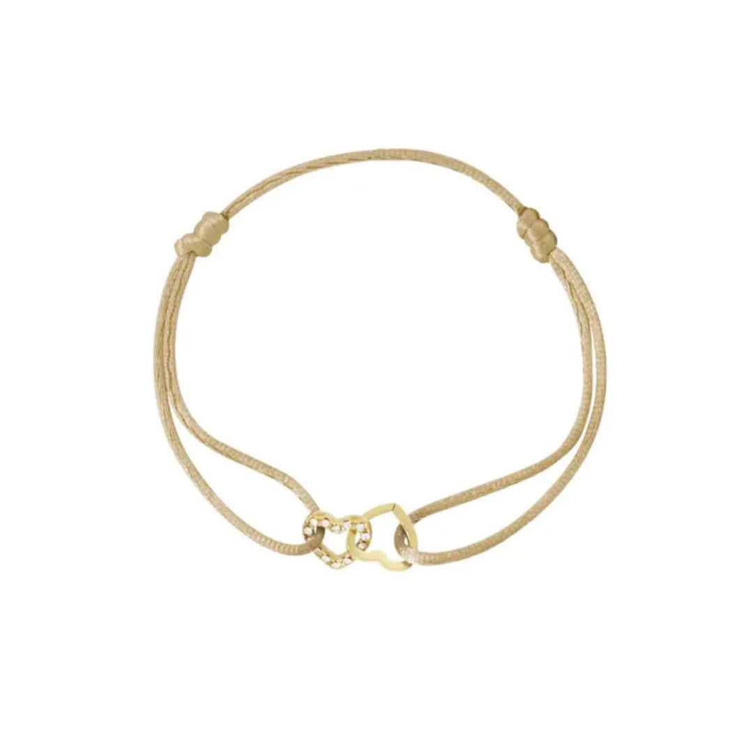 Gold Locked Zirconia Hearts Love Camel Beige Cord Rope Bracelet - Lavina