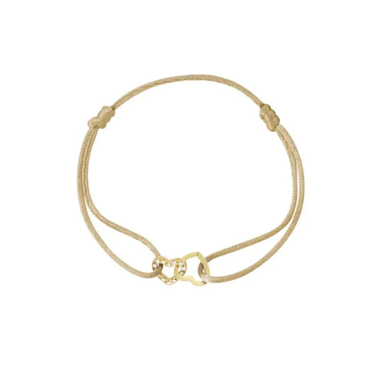 Gold Locked Zirconia Hearts Love Camel Beige Cord Rope Bracelet - Lavina