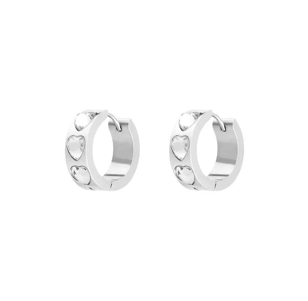 Silver chunky hoops with zirconia heart stone earrings - Lavina