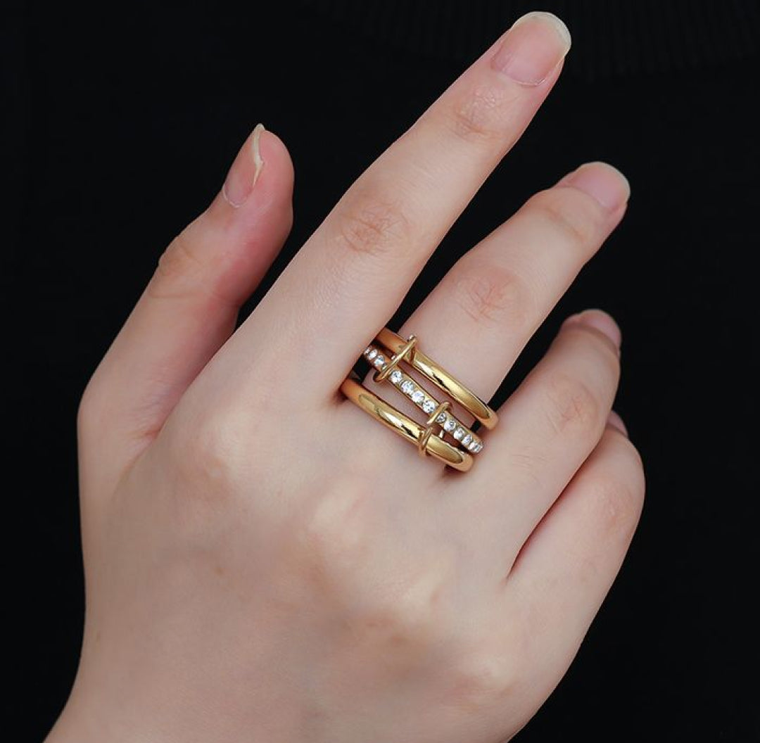 Fine connected 3 layered rings gold with zirconia stones - Lavina Jewelz
