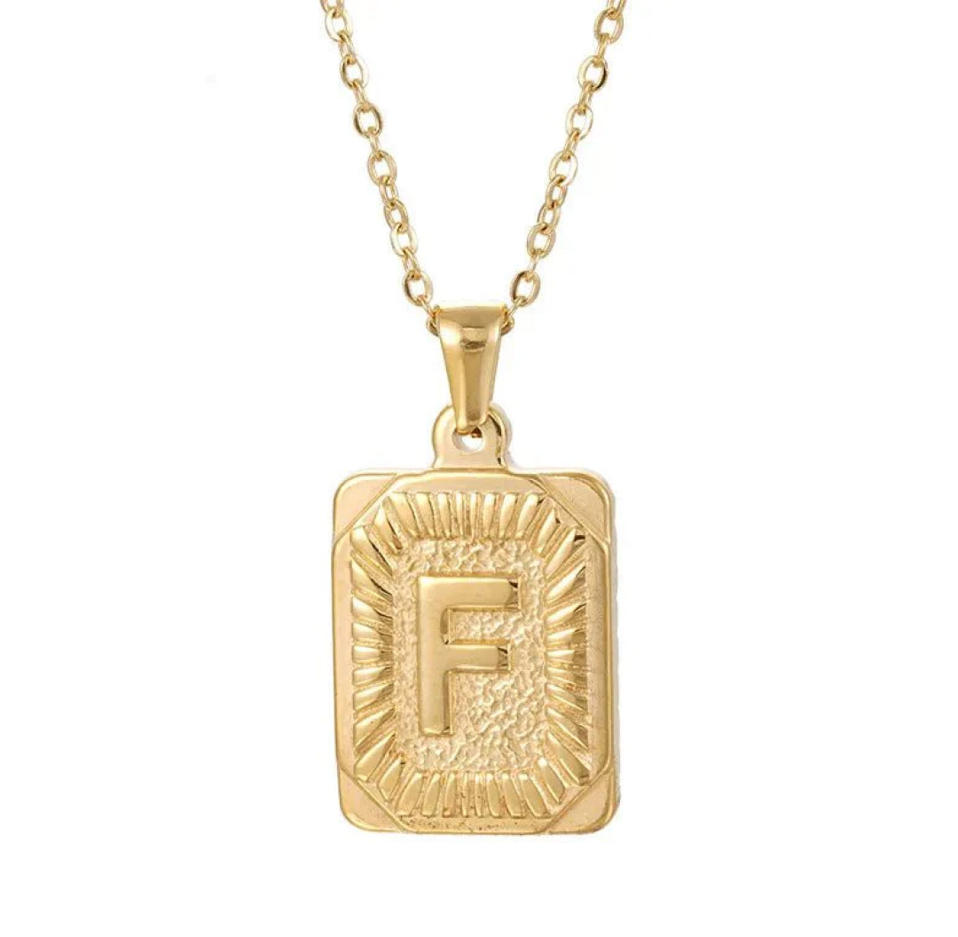 Gold chunky rectangle pendant letter F necklace - Lavina