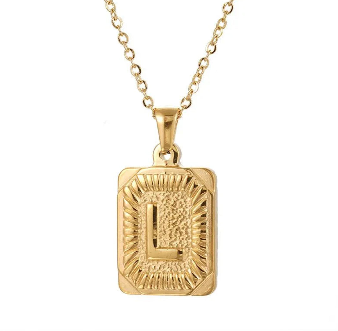 Gold chunky rectangle pendant letter L necklace - Lavina