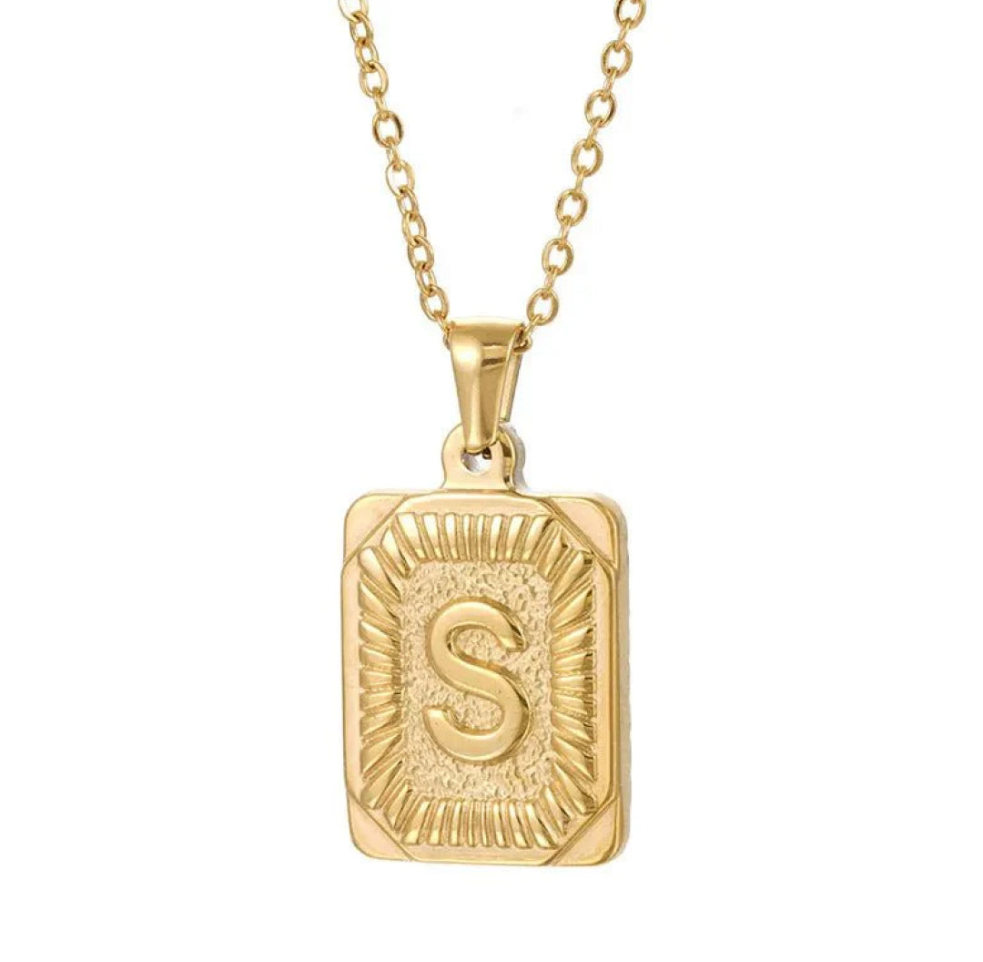 Gold chunky rectangle pendant letter S necklace - Lavina