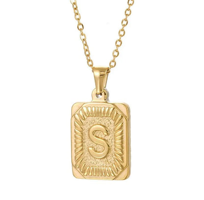 Gold chunky rectangle pendant letter S necklace - Lavina