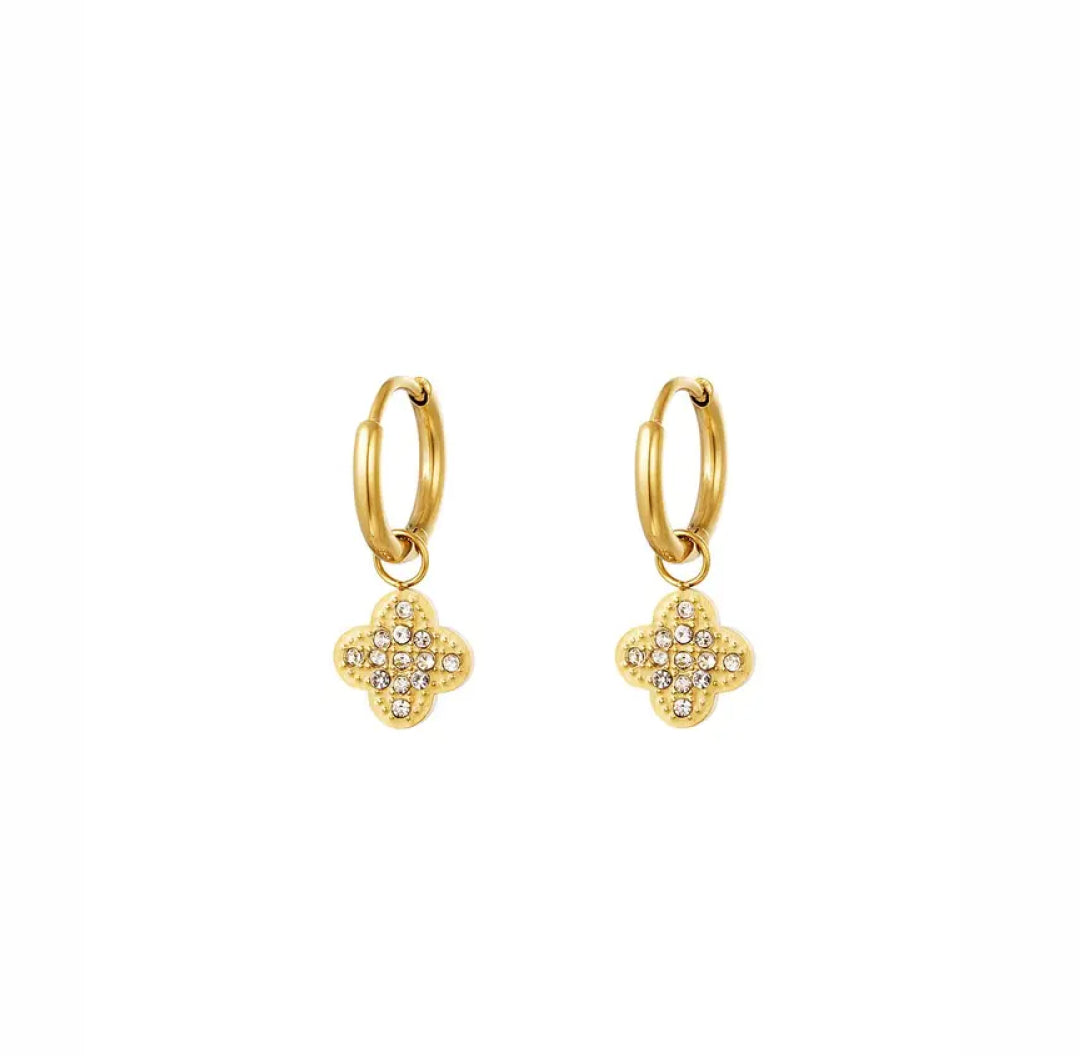 Small Clover Covered With Zirconia Stones Dangle Earrings Gold - Lavina