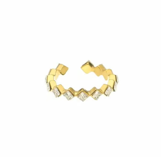 Gold Ring with a unique tilted square design adorned with sparkling zirconia stones - Lavina