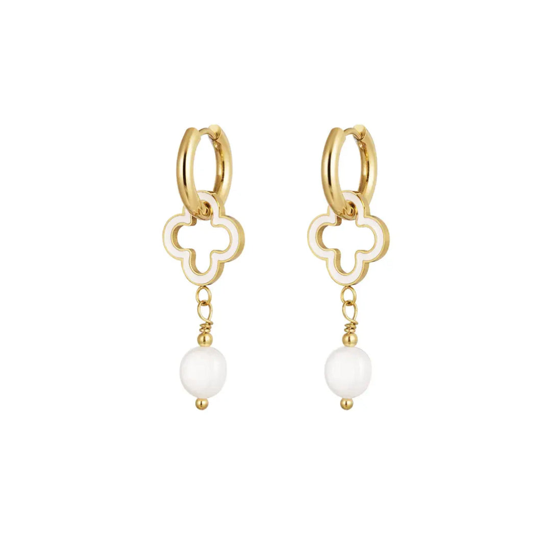 White Enamel Pearl Open 4 Leaf Clover Dangle Earrings - Lavina