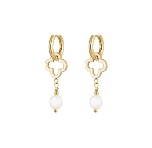 White Enamel Pearl Open 4 Leaf Clover Dangle Earrings - Lavina