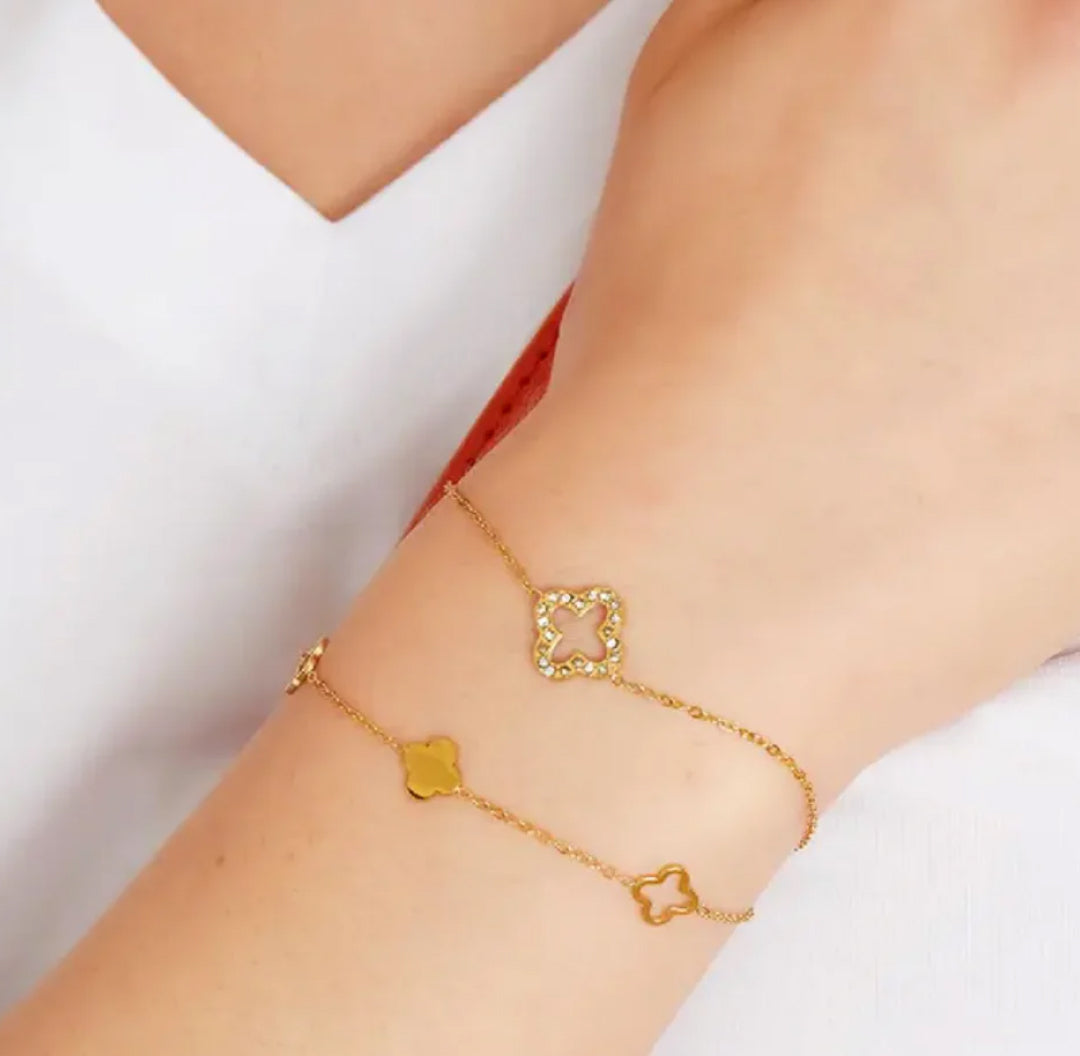 Gold Bracelet Open Clover Charm Zirconia Stones - Lavina