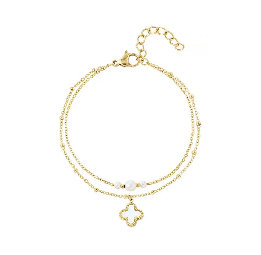 Gold Double Chain Bracelet With White Clover Pearl charms - Lavina