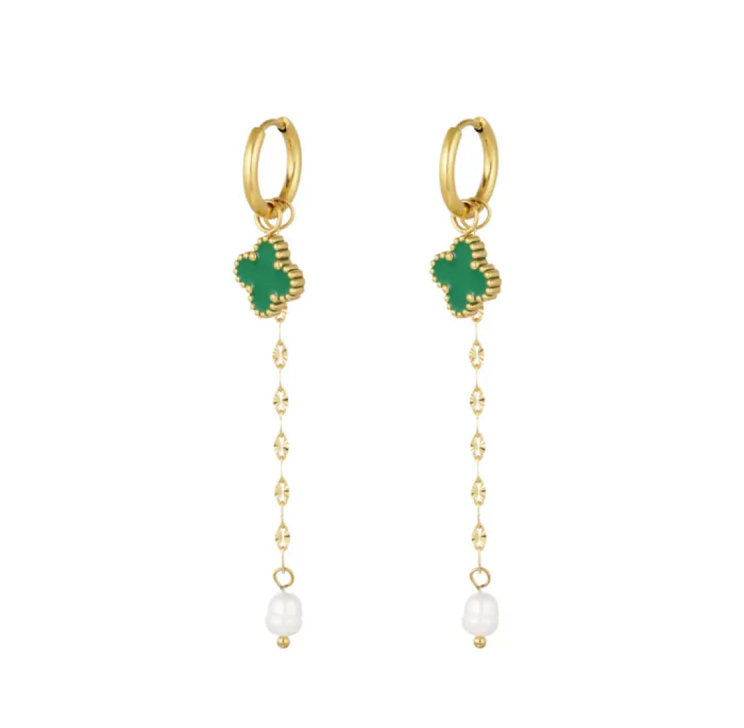 Green Clover Dangle Gold Earrings With A Pearl - Lavina