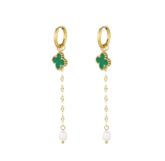 Green Clover Dangle Gold Earrings With A Pearl - Lavina