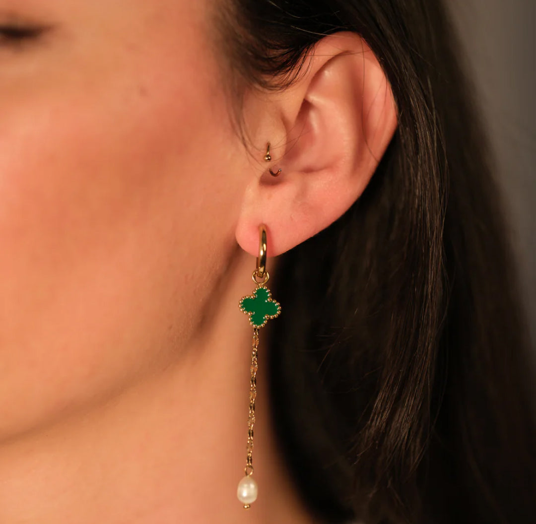 Green Clover Dangle Gold Earrings With A Pearl - Lavina