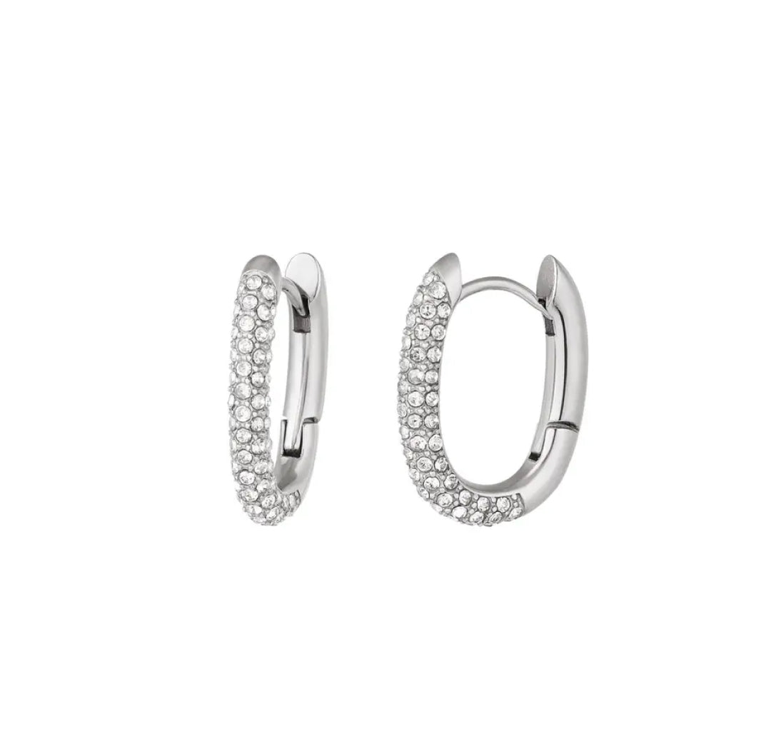 Silver small oval hoop earrings with zirconia stones - Lavina