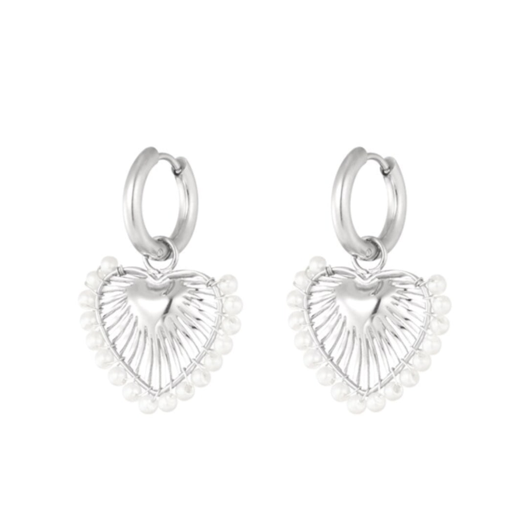 Silver pearl heart dangle earrings - Lavina Jewelz