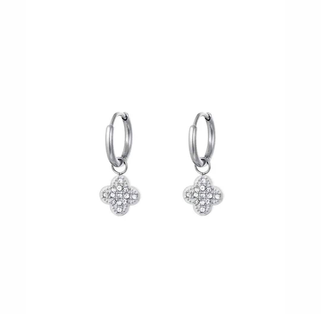 Small Clover Covered With Zirconia Stones Dangle Earrings Silver - Lavina