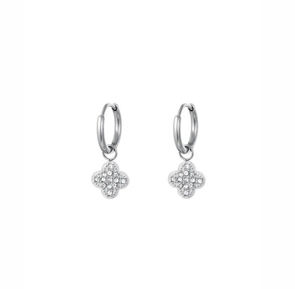 Small Clover Covered With Zirconia Stones Dangle Earrings Silver - Lavina