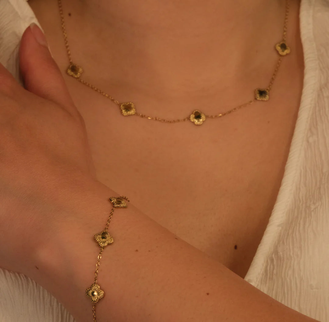 Gold tiny 4 leaf clovers set bracelet and necklace - Lavina