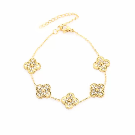 Shiny Gold 4 Leaf Clover Bracelet Covered With Zirconia Stones - Lavina