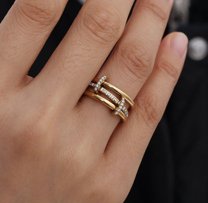Fine connected 3 layered rings gold with zirconia stones chunky - Lavina Jewelz