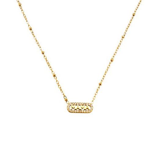 Zirconia mama round rectangle plate name necklace gold - Lavina Jewelz