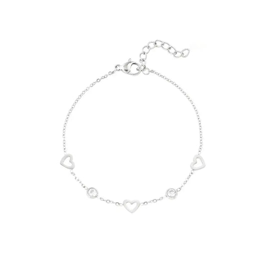 Silver shiny heart charms bracelet with zirconia