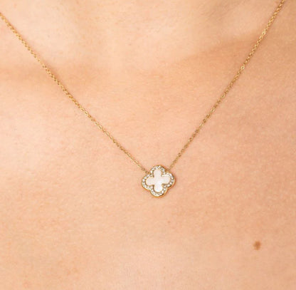 White clover charm pendant gold necklace with zirconia stones - Lavina