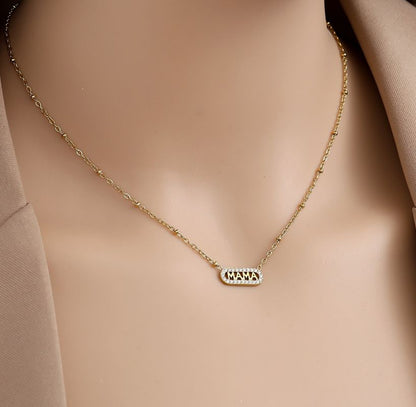 Zirconia mama round rectangle plate name necklace gold - Lavina Jewelz